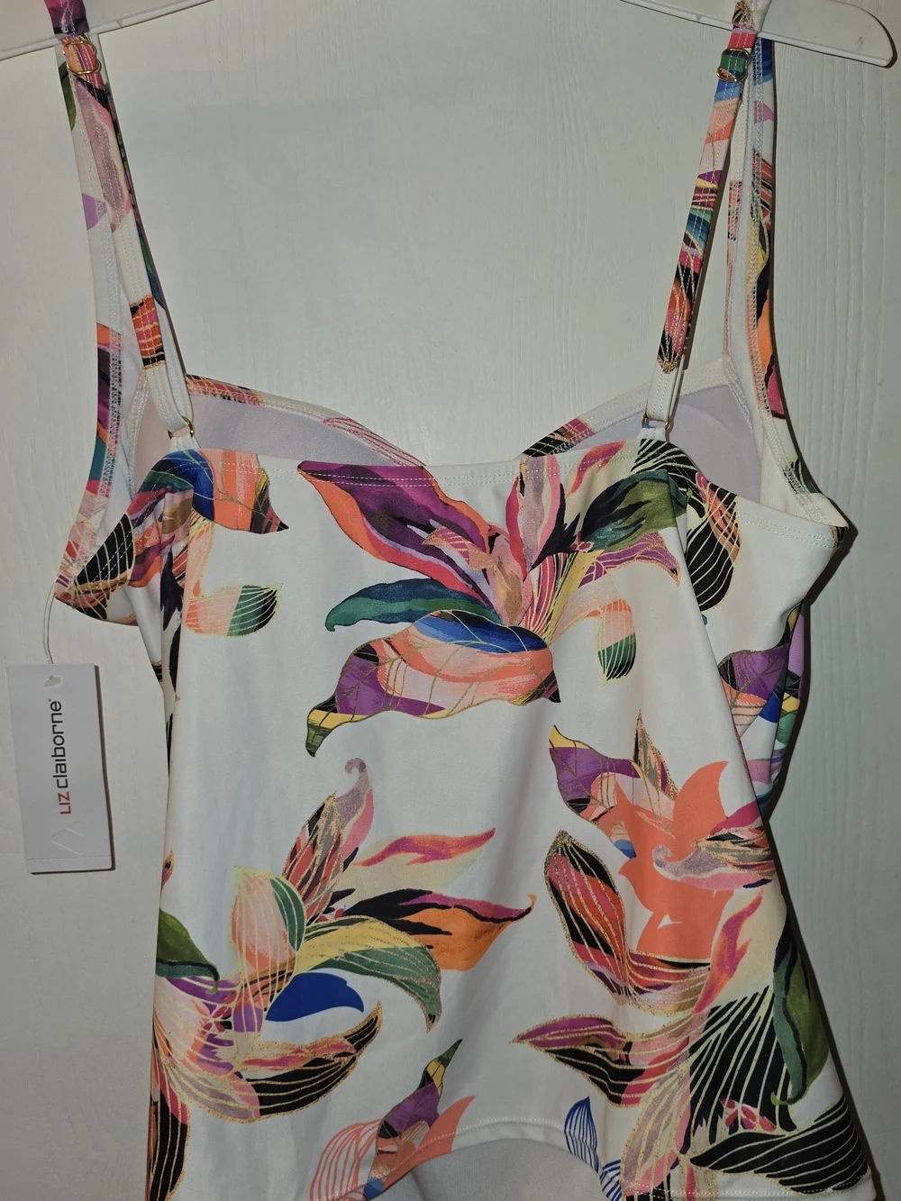 Liz Claiborne Paradise Beach Floral Print Tankini Swim Top- White Multicolor